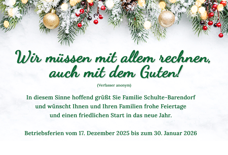 Wir wünschen allen Gästen und Ihren Familien frohe Feiertage und einen friedlichen Start in das neue Jahr. Vom 18. Dezember 2024 bis zum 31. Januar 2025 bleibt das Land-Café geschlossen.